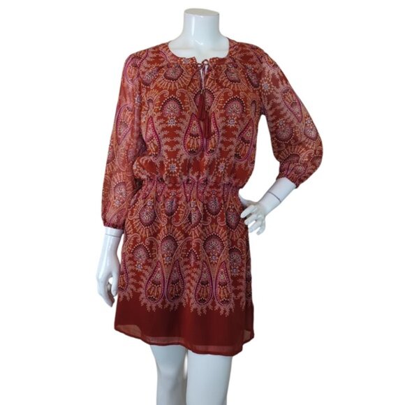 Rust Orange Red Floral Paisley Boho Tassel Short Dress - Picture 1 of 13